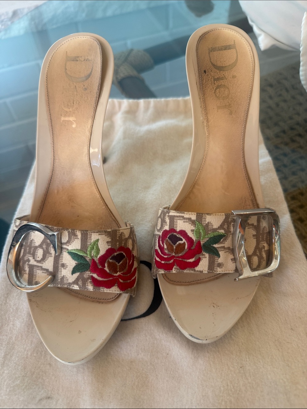 Dior Beige Monogram Slide Mules with Red Rose Embroidery 37.5 vintage
